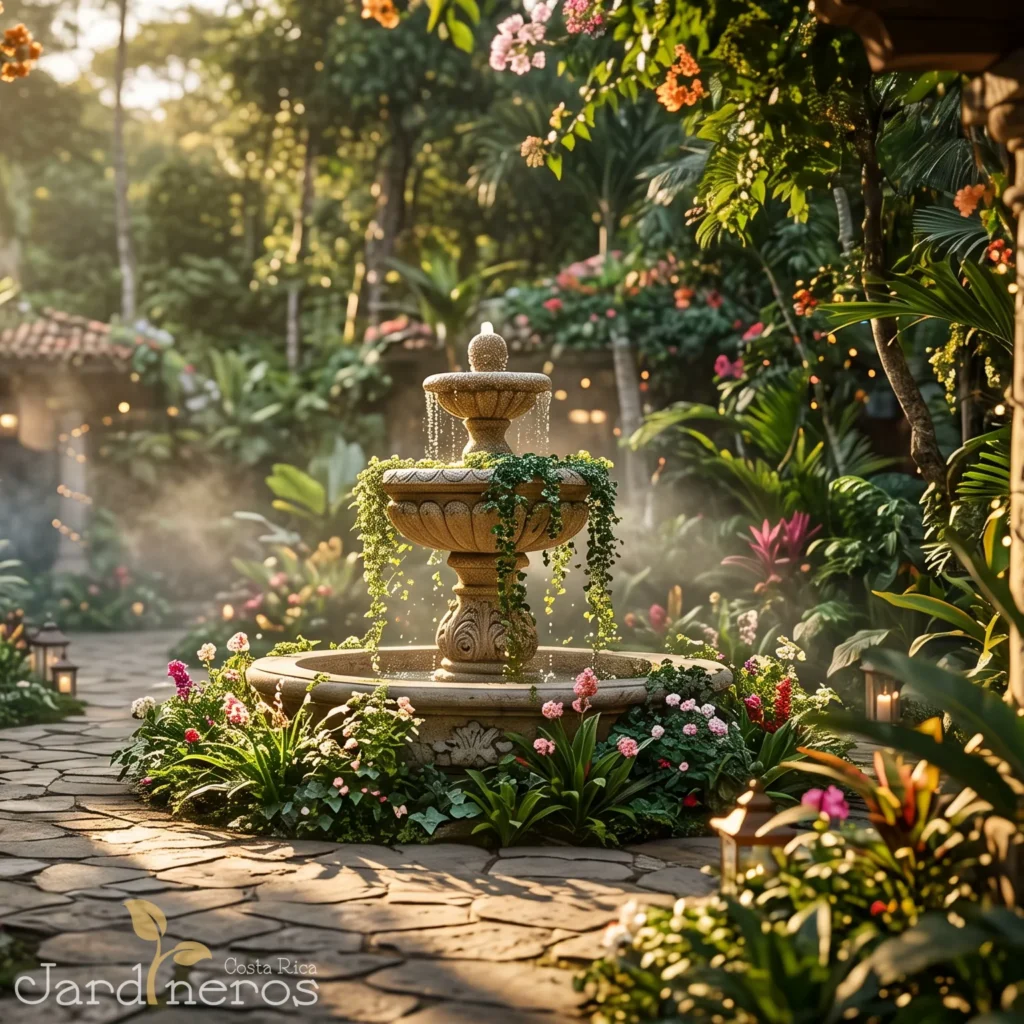 Mantenimiento de jardines en Costa Rica, Patio interior privado y exclusivo en hotel de lujo en Costa Rica con fuente de piedra, flores tropicales y luz de hora dorada